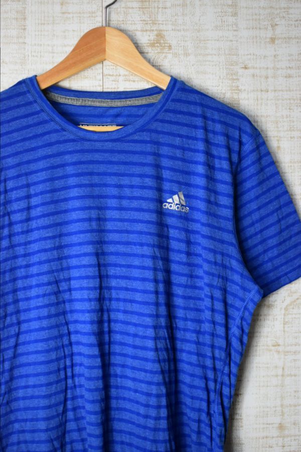 ☆US古着 adidas アディダス ボーダー Tシャツ ロゴプリント DRY 速乾 スポーツTEE ブルー青【L】コットンポリ　　　　　◆3014◆_画像1