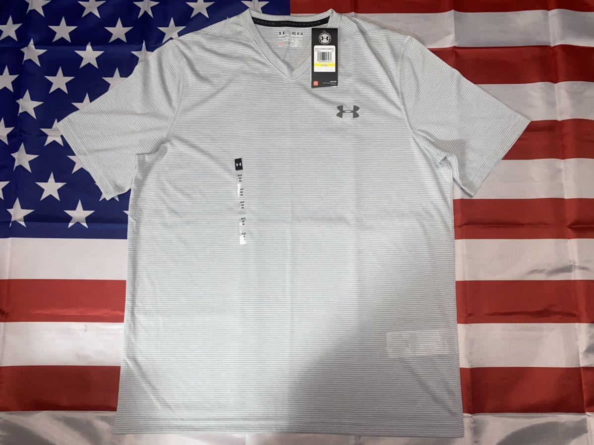 新品未使用タグ付き　made in USA Under ArmourメンズthreadborneストライプVネックTシャツ　HEAT GEAR Mサイズ_画像1