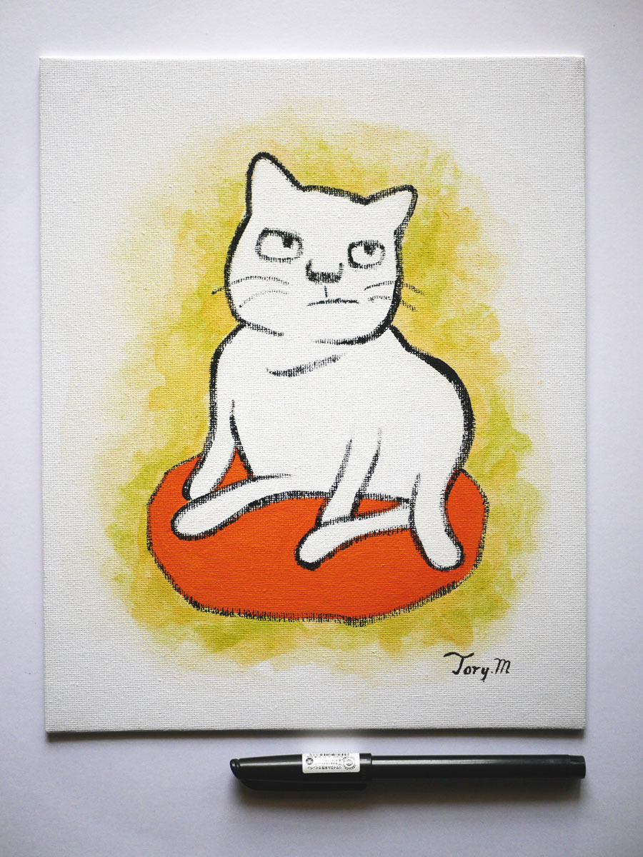 *[ autograph acrylic fiber .]Torymanz( Aoki blue one .) genuine work [ white cat |No.007]F3 size * cat. .