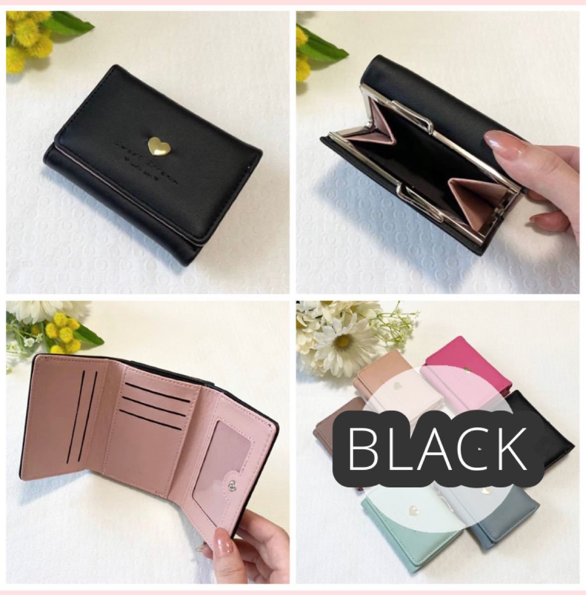 Paypayフリマ 新品 三つ折り財布 ブラック がま口 ミニ財布 コインケース ハート 黒 量産型 Paypayフリマ 新品 三つ折り財布 ブラック がま口 ミニ財布 コインケース ハート 黒 量産型