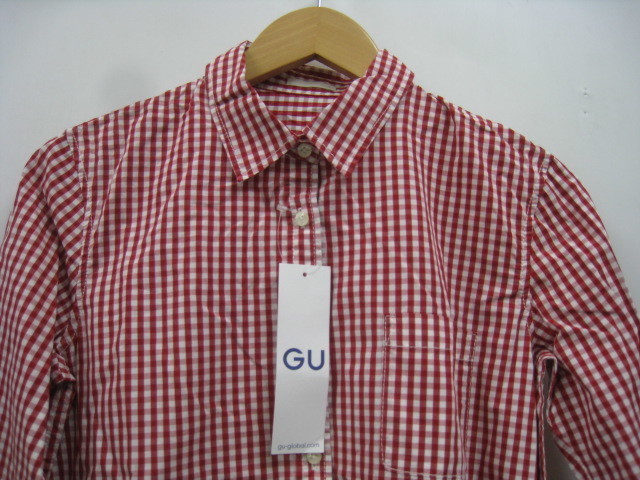 新品 未使用 定価1639円 GU ジーユー ウォッシュブロードシャツ ギンガムチェック柄 ブラウス 赤×白 レッド×ホワイト サイズS _画像2