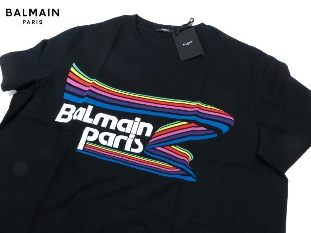 BALMAIN PARIS バルマン メンズ レインボー ロゴ Tシャツ 新作 / VH1EH000-G016-AAA ブラック・L