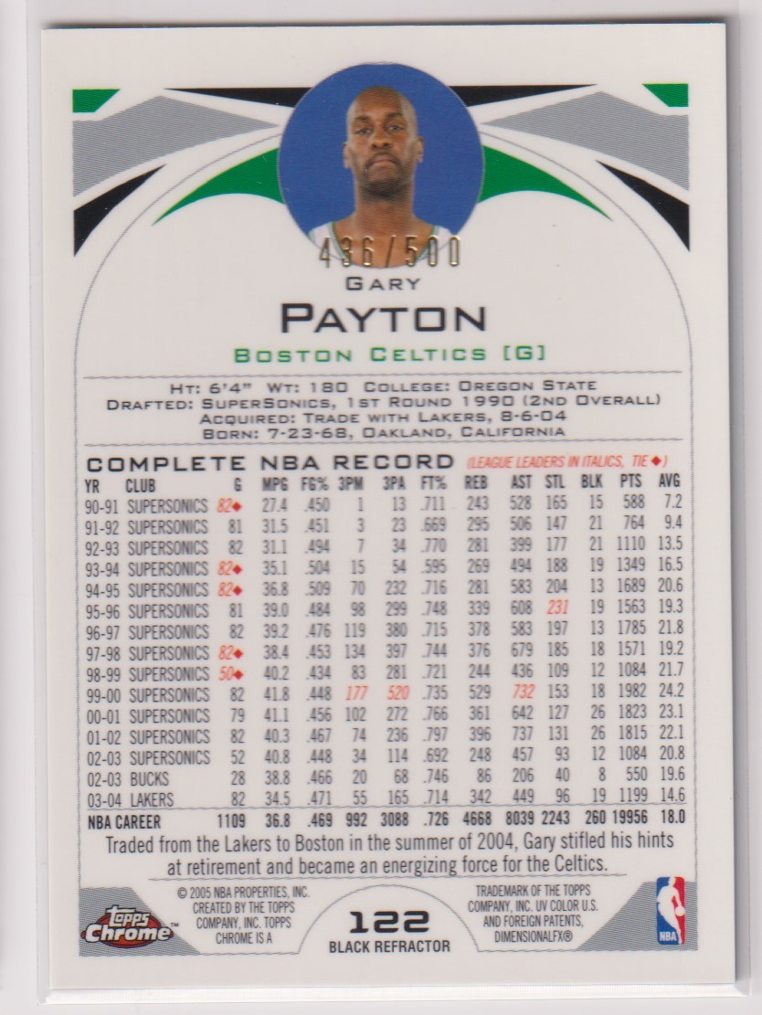 NBA GARY PAYTON 2004-05 Topps Chrome BASKETBALL No. 122 BLACK REFRACTOR / 500枚限定 ゲイリー・ペイトン リフラクターカード トップス_画像2