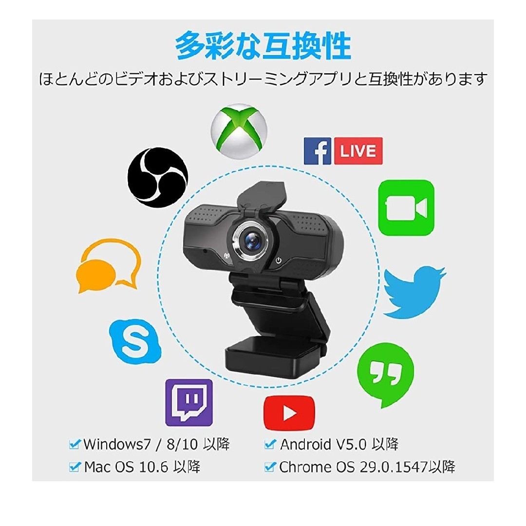 Webカメラ フルHD1080P 30FPS高解像度 90°広角 固定焦点 内蔵全方向性ノイズリダクションマイク 三脚スタンド付き