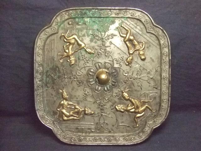 中國 唐時代 古銅鍍金春宮圖 春晝圖鏡