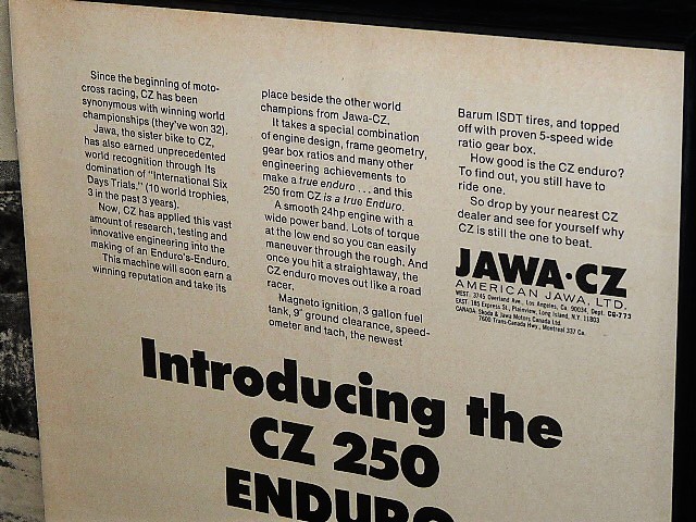 1973年 USA '70s 洋書雑誌広告 額装品 CZ250 Enduro エンデューロ Jawa ヤワ ( A3size・A3サイズ ) _画像5