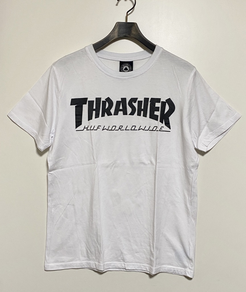  большой размер *HUF × THRASHER - f Thrasher сотрудничество короткий рукав футболка бренд Logo XL белый чёрный белый черный скейтборд 