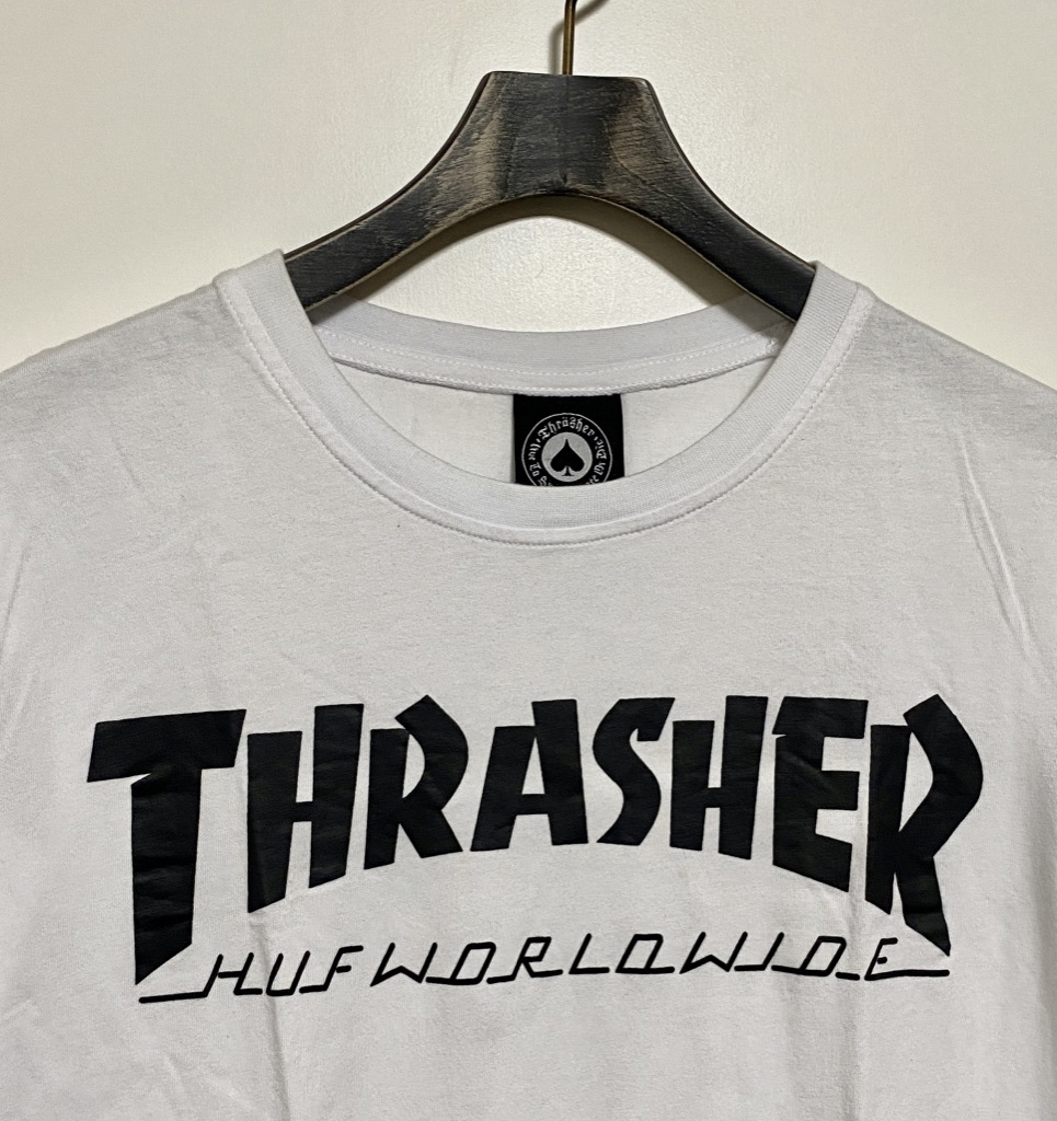  большой размер *HUF × THRASHER - f Thrasher сотрудничество короткий рукав футболка бренд Logo XL белый чёрный белый черный скейтборд 