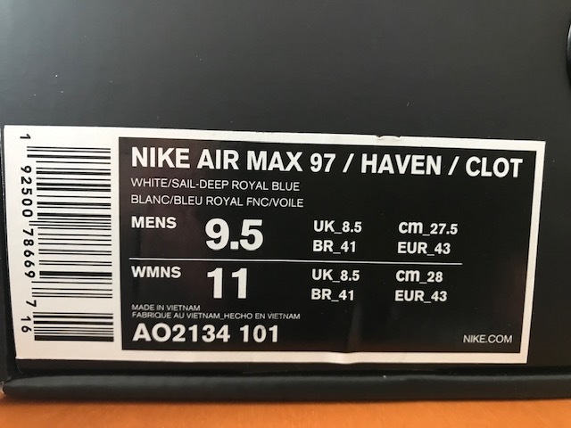 【未使用】NIKE AIR MAX 97 / HAVEN / CLOT ホワイト/セイル-ディープロイヤルブルー 27.5cm コラボモデル _画像2