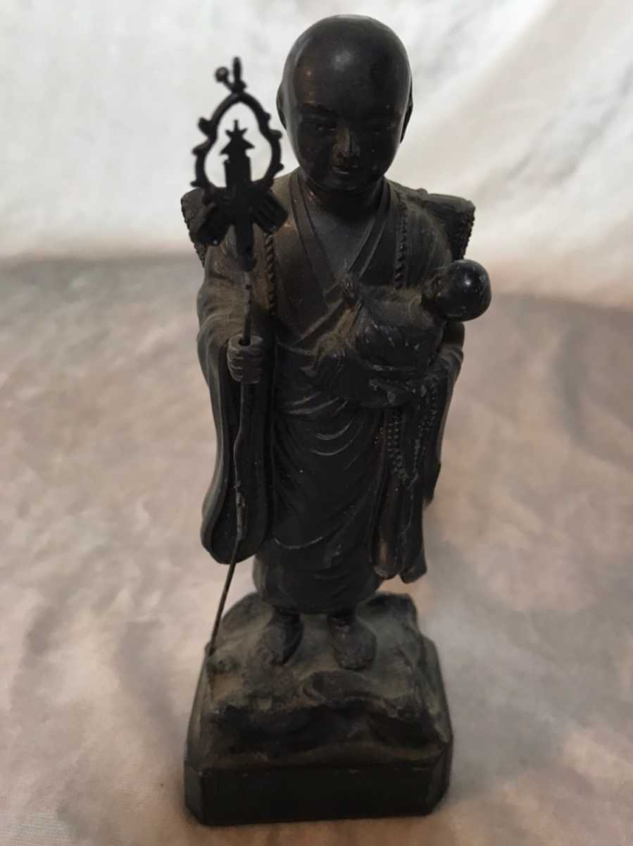 【仏像】金属製の弘法大師像 子安弘法大師像 立像 骨董品 アンティーク