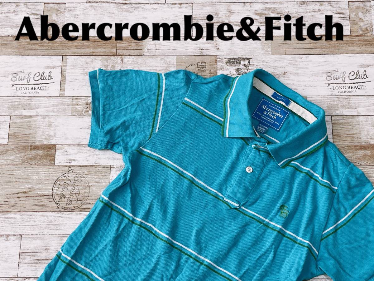 ☆送料無料☆ Abercrombie&Fitch アバクロンビー&フィッチ アバクロ 古着 半袖 ボーダー ポロシャツ メンズ S エメラルドブルー トップス_画像1