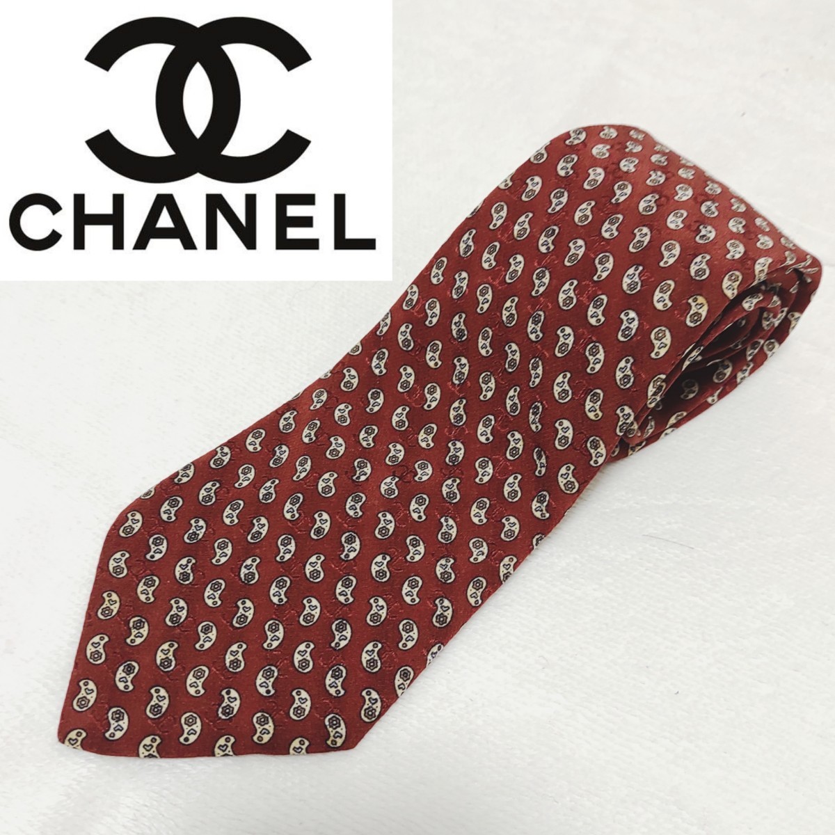 美品 シャネル CHANEL ネクタイ レッド 赤 光沢 シルク100% 高級