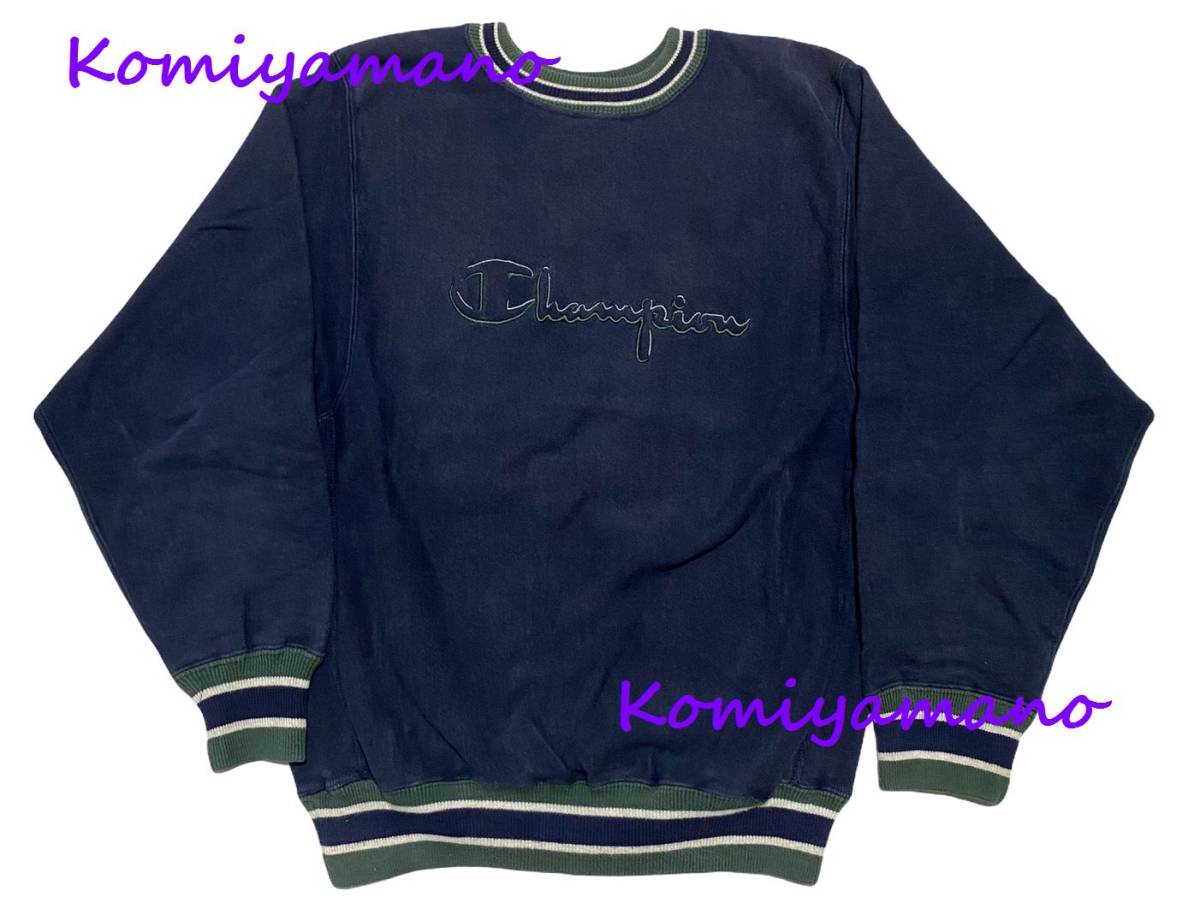 90s ビンテージ Champion チャンピオン リバースウィーブ REVERSE WEAVE スウェット ストライプリブ ビッグロゴ トレーナー_画像1