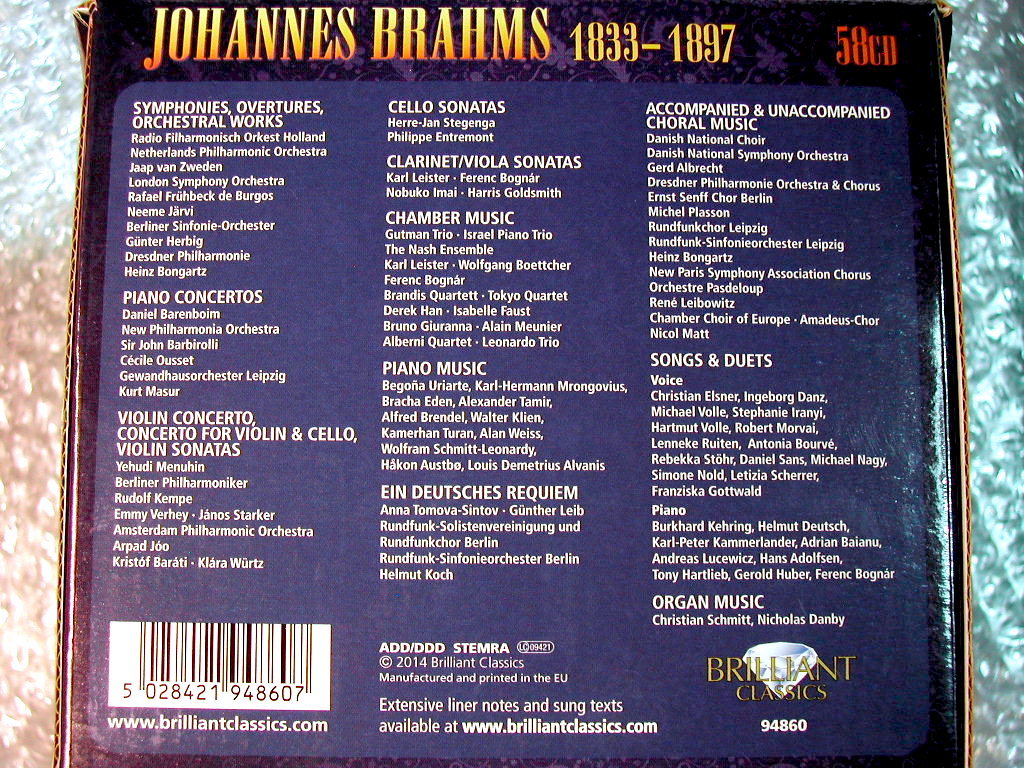 CD58枚組BOXブラームス全集/Brahms:Complete Edition/ブリリアント超名作!! ヒットボックス高水準!!! 超人気名盤!!! 超超超レア!!!ほぼ新品
