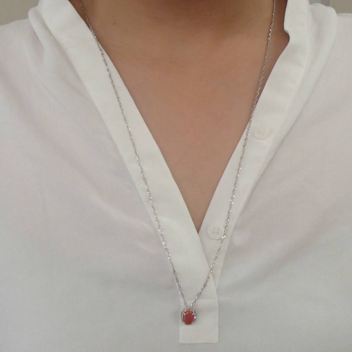 セットアップ 0.13ct ダイヤ 1.30ct 珊瑚 k18WG 75㎝ ネックレス