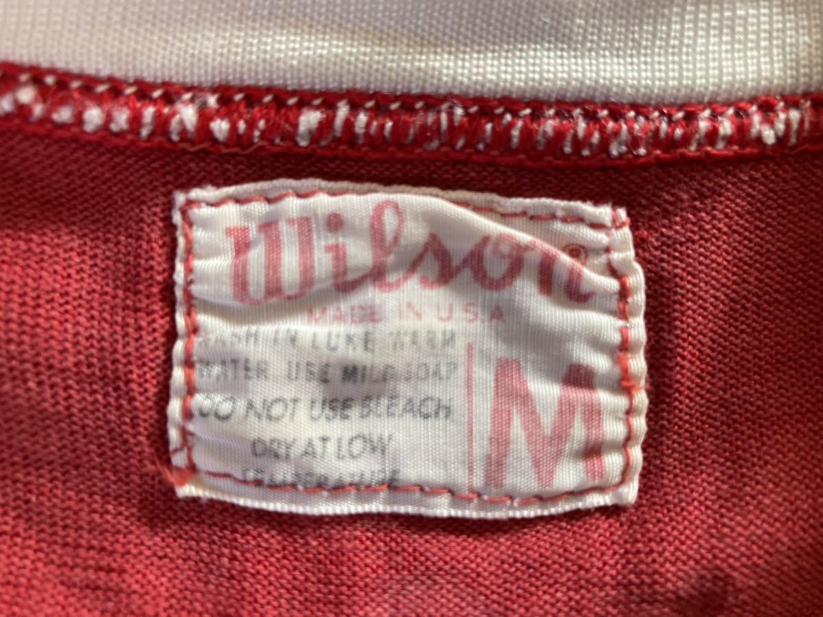 Wilsonウィルソンブランド タタキタグ装備 ハーフジップリンガーTシャツ 光沢のある生地 USA製 赤 タロンジップ 裾リブニット レアアイテム