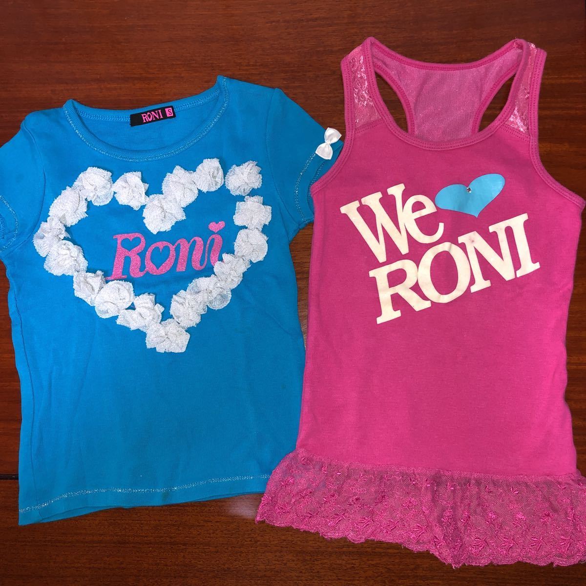 【RONI／ロニィ】タンクトップ　チュニック　半袖Tシャツ　２枚組　Sサイズ　100～110㎝　中古　水色×ピンク　訳あり_画像1