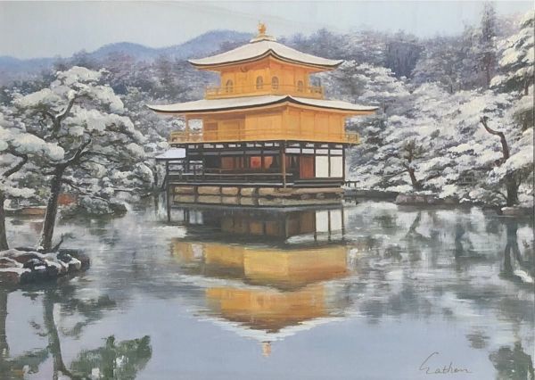 油絵 風景画『金閣寺 雪化粧』Eathan作 肉筆1点物 観光地 旅行 京都
