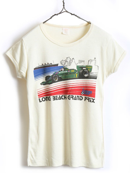 70's USA製 ビンテージ ■ ロングビーチ F1 レーシングカー プリント 半袖 Tシャツ ( メンズ レディース S 程) 古着 70年代 半袖Tシャツ 黄_画像1