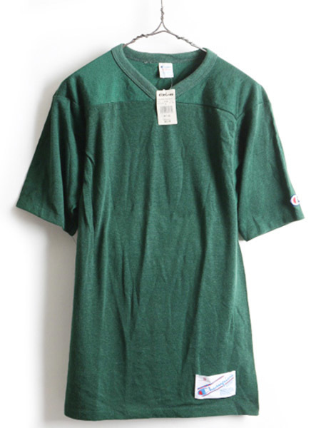 デッドストック 80's USA製 ビンテージ ★ Champion コットン ナイロン Vネック フットボール Tシャツ ( 男性 メンズ S ) 古着 80年代 緑