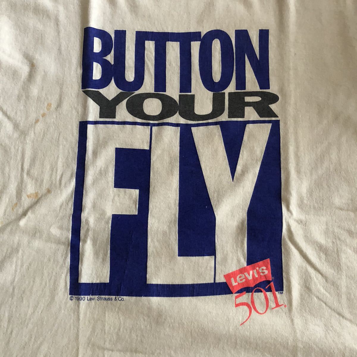 90'ヴィンテージ LEVI'S BUTTON YOUR FLY Tシャツ リーバイス 501XX 506XX 507XX　BIG E　赤耳_画像3