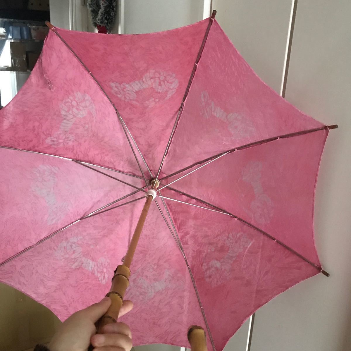 ピンク　日傘　日本製　持て　竹の柄  美品