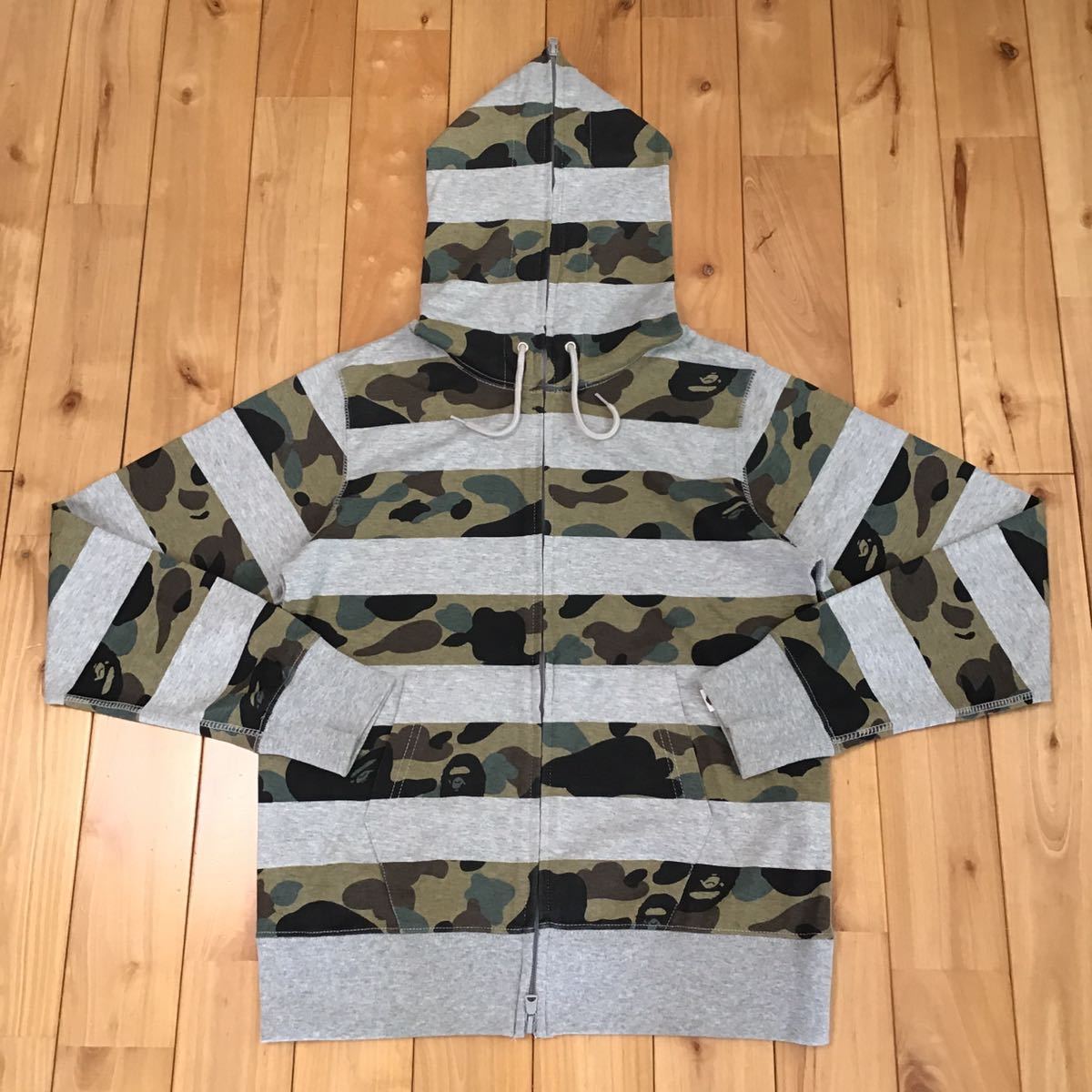 1st camo green × グレー ボーダー パーカー Sサイズ a bathing ape BAPE full zip hoodie エイプ ベイプ アベイシングエイプ 迷彩