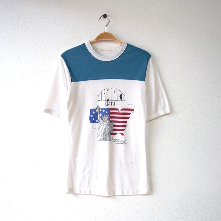 【送料無料】70S ヴィンテージ オールド 切り替え プリント Tシャツ 自由の女神 星条旗 メンズXS程度 BB0073