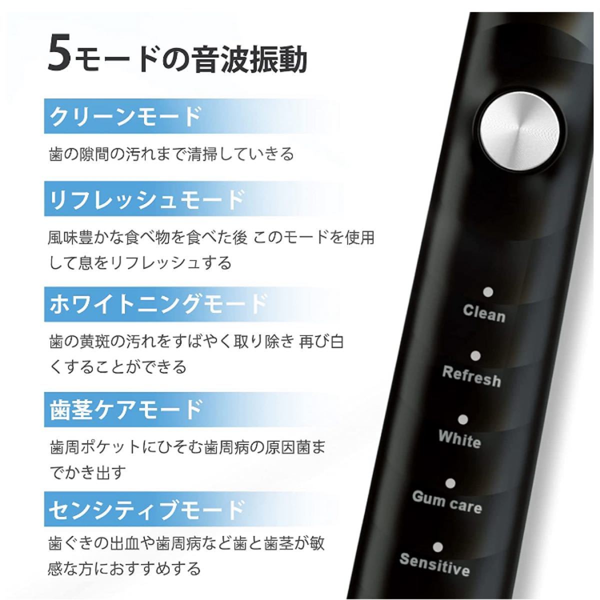 電動歯ブラシ 音波歯ブラシ ソニック USB充電式 IPX７防水 替えブラ5本