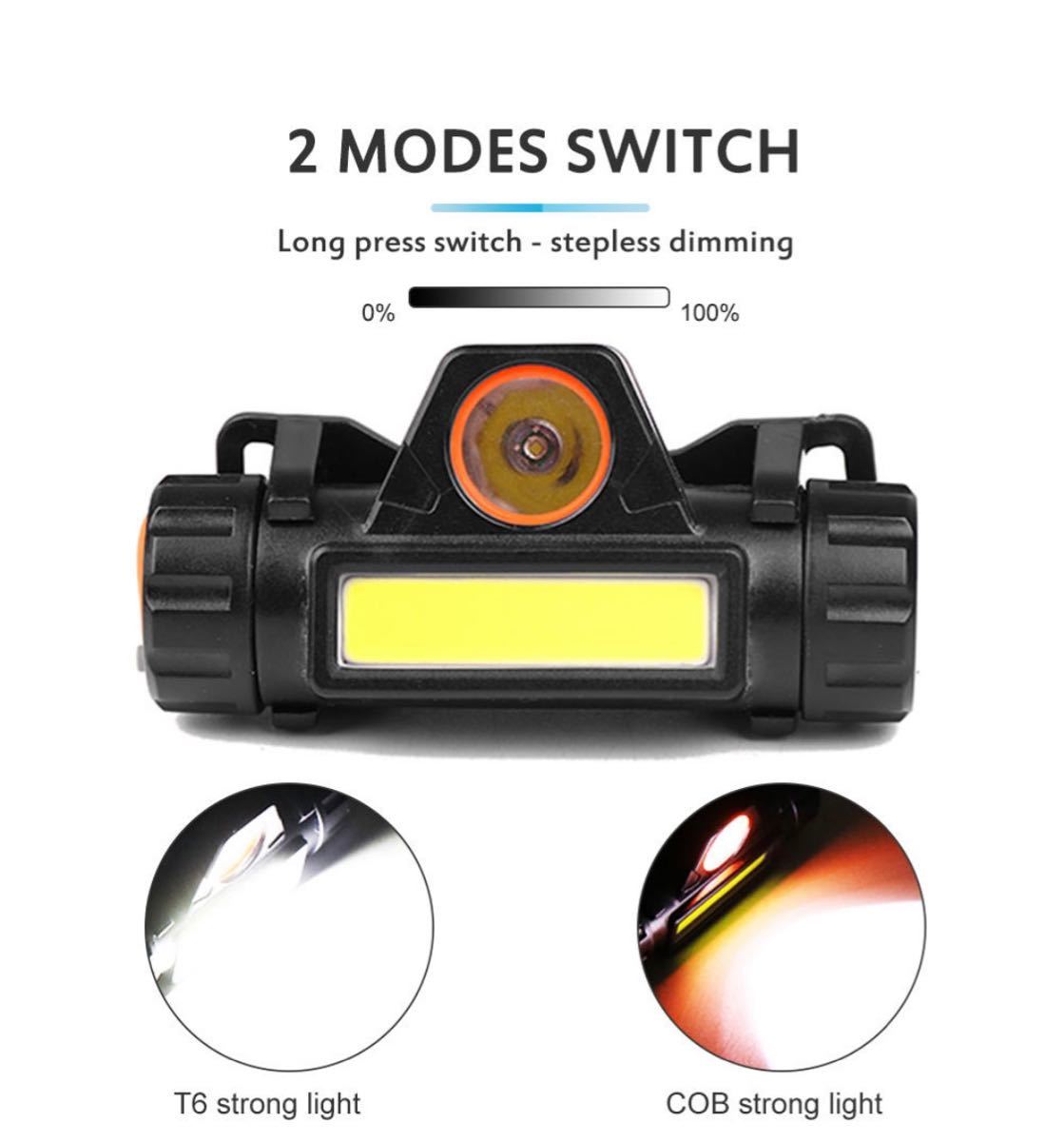 格安！高輝度LEDヘッドライト・ヘッドランプT6+COB　USB充電式、防水機能、2モード　作業灯、ランタン、ヘルメットライト