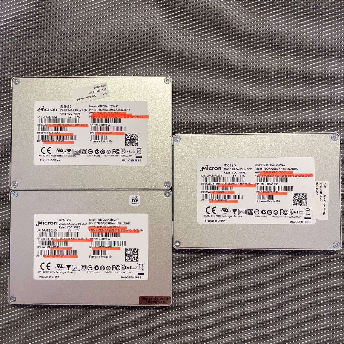 Micron SSD  2.5インチSATA 256GB三枚セット/使用時間4321，5178，6185