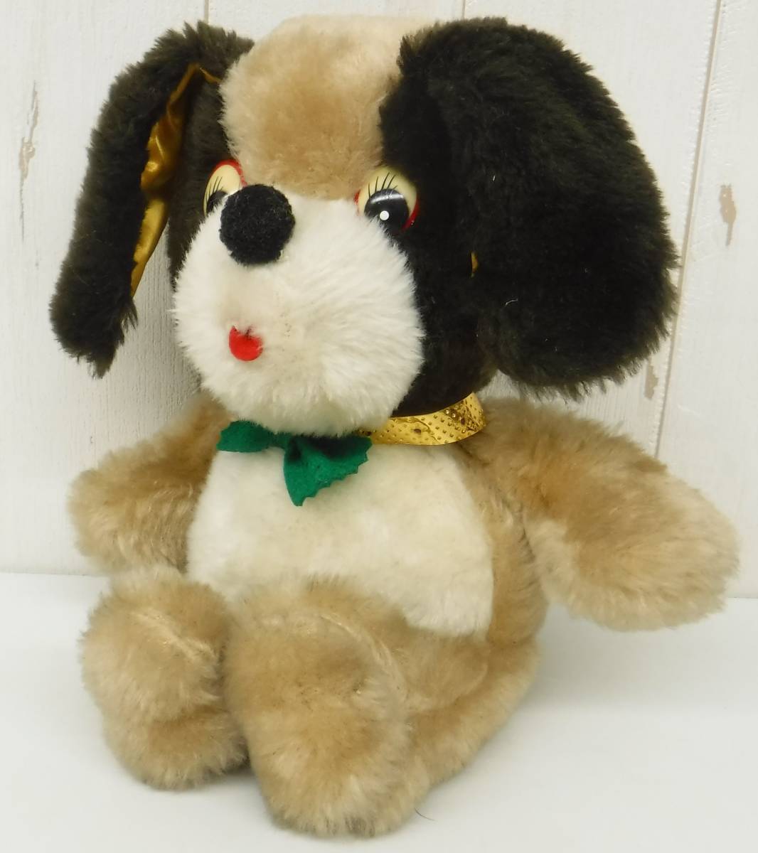  Showa Retro that time thing * retro soft toy *EISHO*ISOGO YO KOHAMA* dog .. dog * green ribbon sause ear . seat .* rare Vintage 