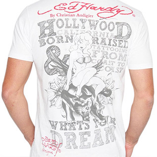 Ed Hardy Mens Tee Hollywood　エドハーディー　メンズ フレーズ　ハリウッド ラインストーン　Tシャツ 　ホワイト　Ｌサイズ　 ed-94_画像4
