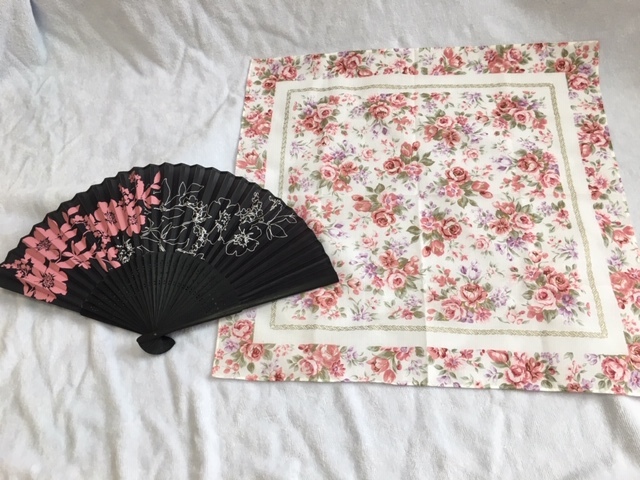  floral print cloth made fan ( width approximately 38 height 21cm)& rose floral print cotton 100% handkerchie approximately 42cm angle unused 