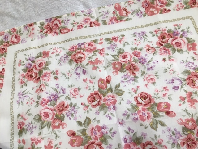  floral print cloth made fan ( width approximately 38 height 21cm)& rose floral print cotton 100% handkerchie approximately 42cm angle unused 