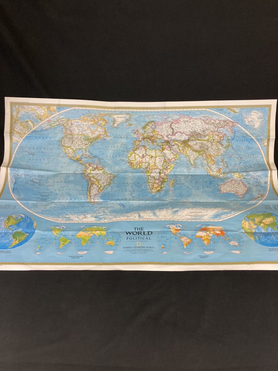 【A0975】世界地図 THE WORLD PHYSICAL 1994年製 縦76×横110 NATIONAL GEOGRAPHIC SOCIETY インテリア 美品