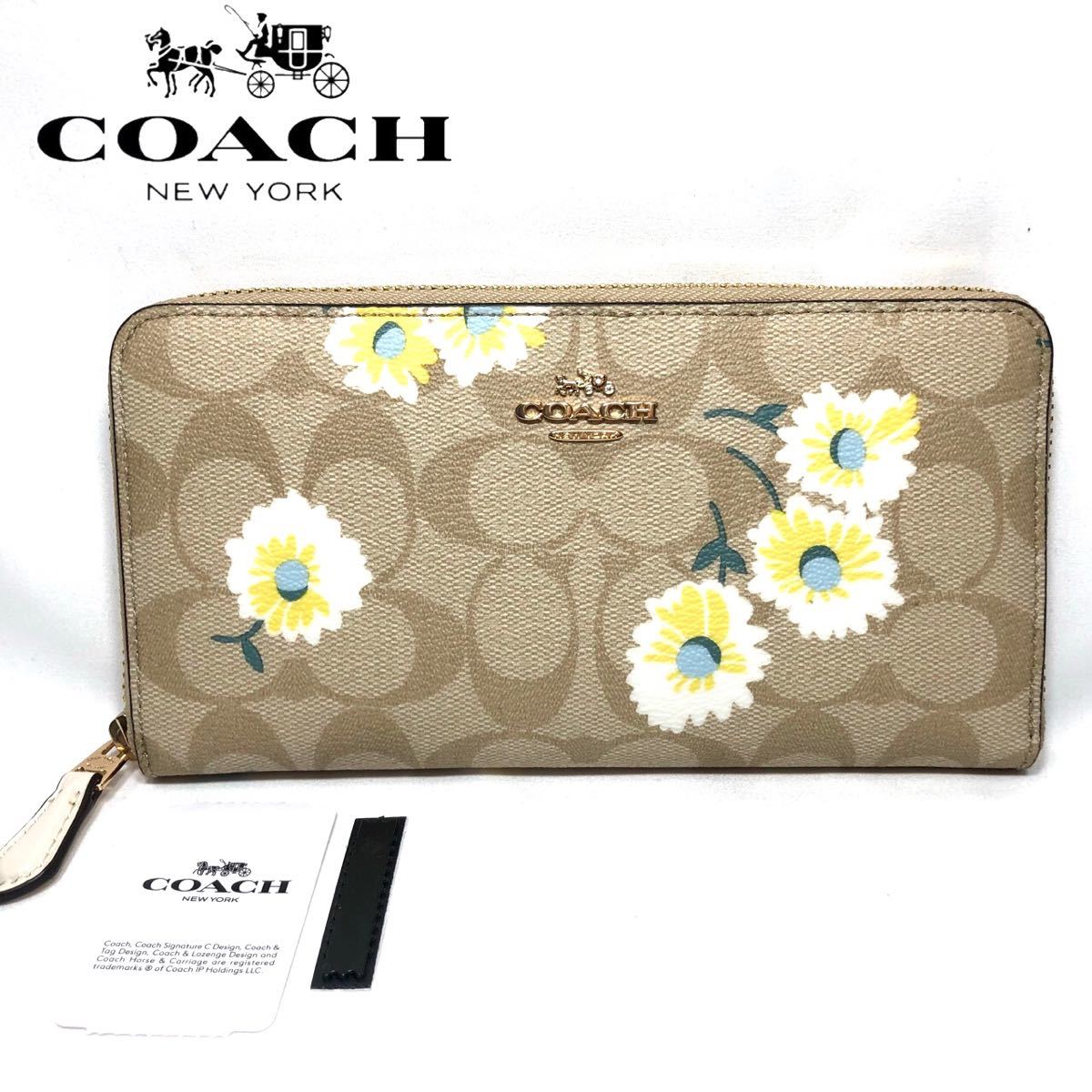 【新品】COACH コーチ レディース 長財布 ラウンドファスナー 財布 シグネチャー デイジープリント 花柄 フラワー ライト カーキ C3370