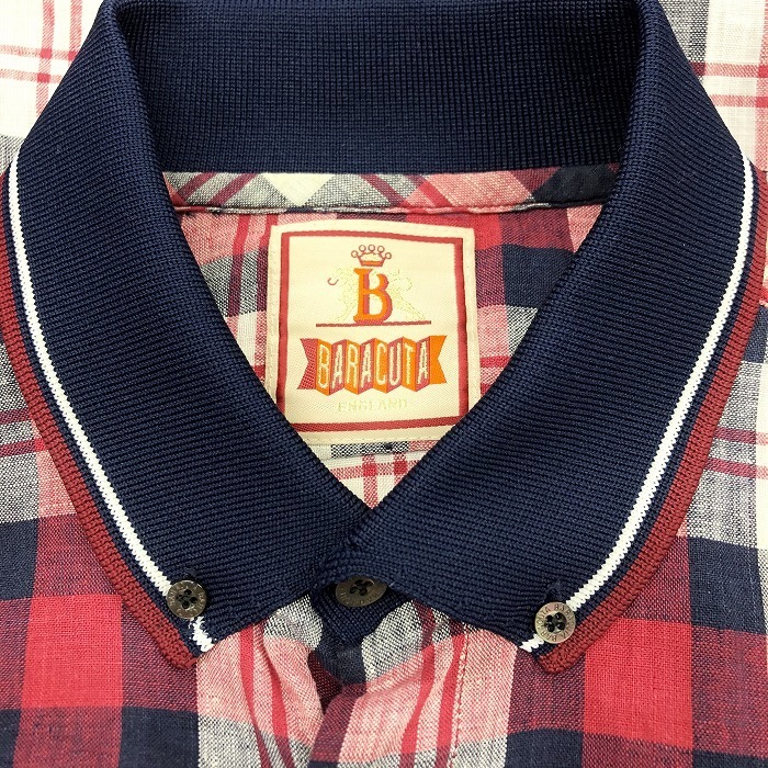 BARACUTA バラクータ 38 メンズ シャツ チェック ハーフフライフロント リブカラー ボタンダウン 半袖 日本製 麻100% 赤×紺×白_画像3