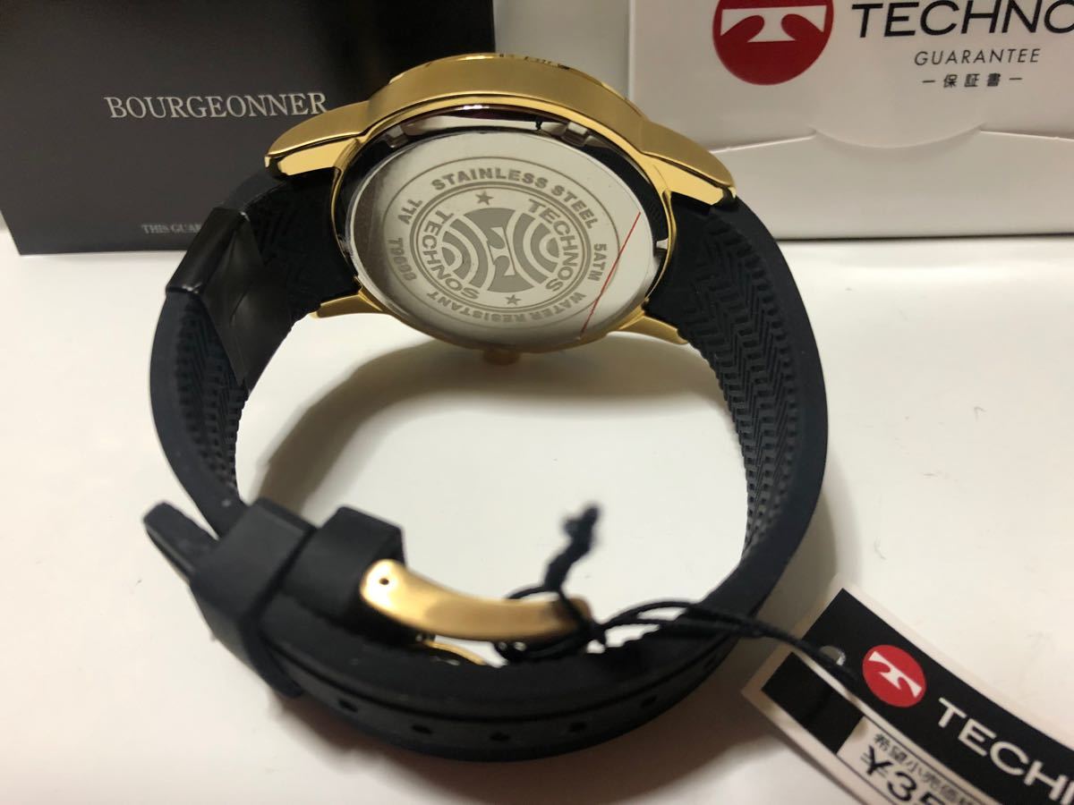 ☆新品 テクノス TECHNOS 腕時計 メンズ クロノグラフ 黒/金 ラバーベルト 保証付