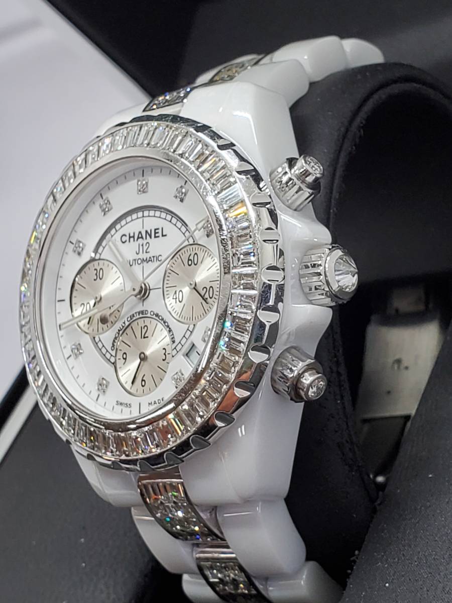  Chanel J12 ( original regular price 2200 ten thousand jpy ) chronograph white ceramic bezel WG* breath WG* after full backet to diamond ( original 9P diamond )