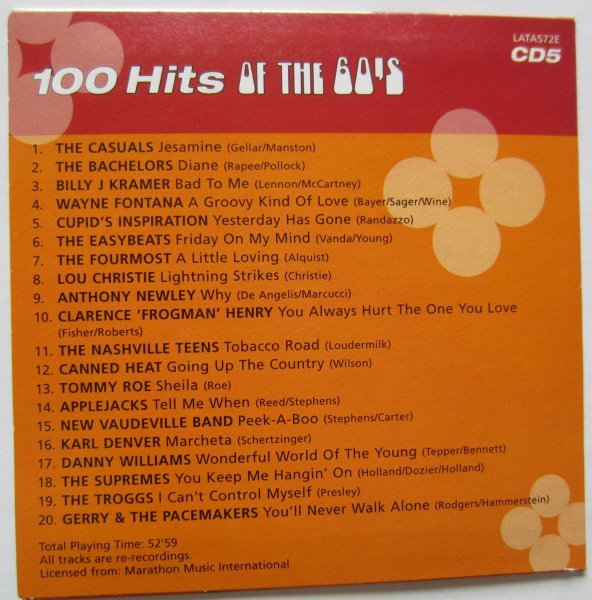 【送料無料】100 Hits Of The 60's 5枚組99曲 Canned Heat Lou Christie Percy Sledge Animals Drifters Supremes_画像6