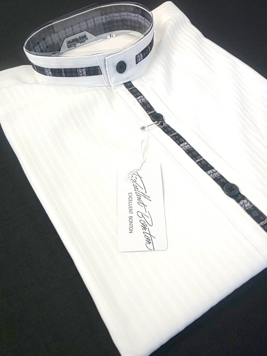 新品 SALE!! 特別価格!! 送料無料 BONTON ボントン 半袖 スタンドカラー シャツ Lサイズ ゆったり 日本製 22854 白