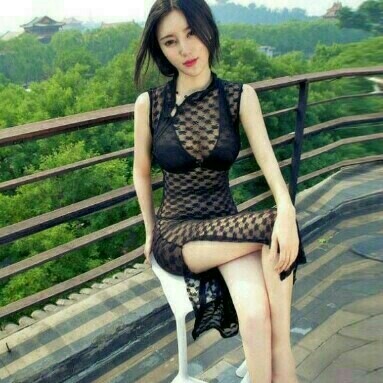 [ free shipping ] new goods ..ske.. China dress & T-back 2 point set semi long dress Night wear deep slit see-through * black 397