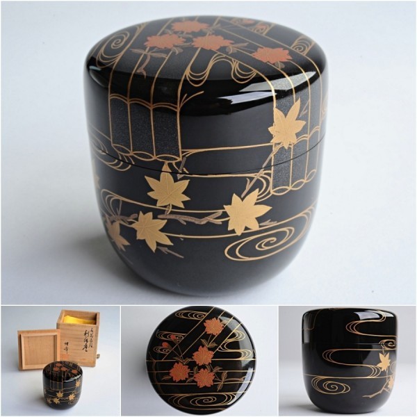 中谷博峰　作　花筏蒔絵　利休棗　共箱　幅6.5×高さ6.8cm　茶道具　茶入_画像1