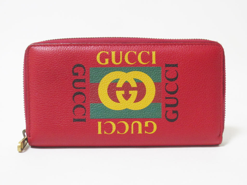 送料無料 GUCCI グッチ ファスナー長財布 ラウンドファスナー グッチ プリント レザー レッド 496317 美品