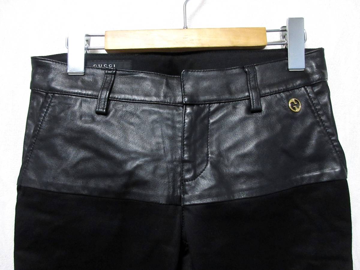 グッチ GUCCI レザー 切替 パンツ 黒 黒 ブラック ブラック 36 国内