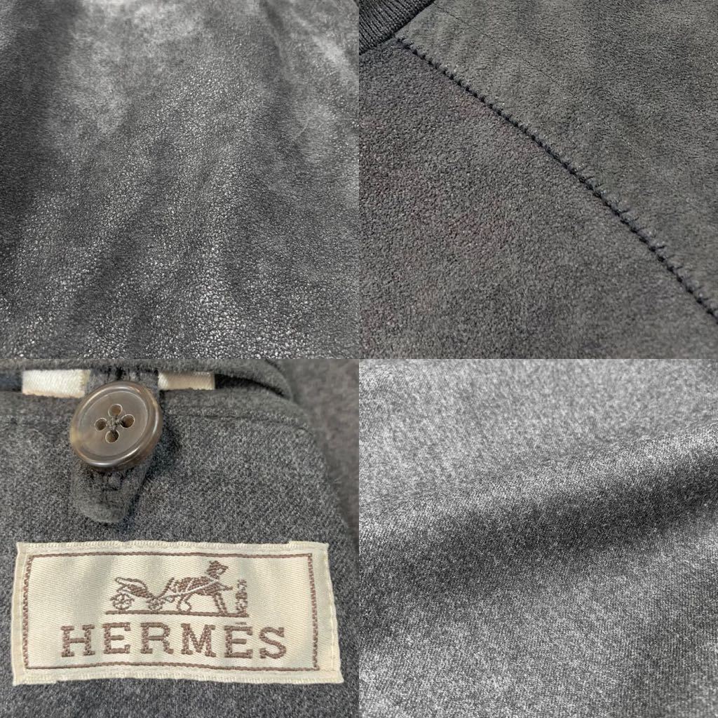 【E2583】最高級 HERMES エルメス《美色！マットグレー色！》ゴートスキン レザー ドライバーズ ジャケット リブニット ライダースブルゾン_画像10