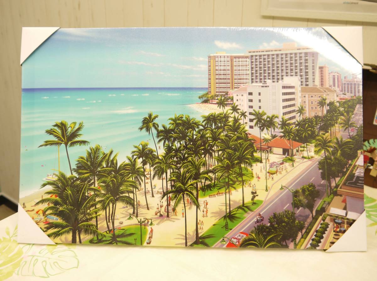 * каштан гора .. парусина panel .| из дерева рамка-оправа | Hawaiian интерьер | Гаваи .| иллюстрации / Вайкики пляж <WAIKIKI BEACH2019>