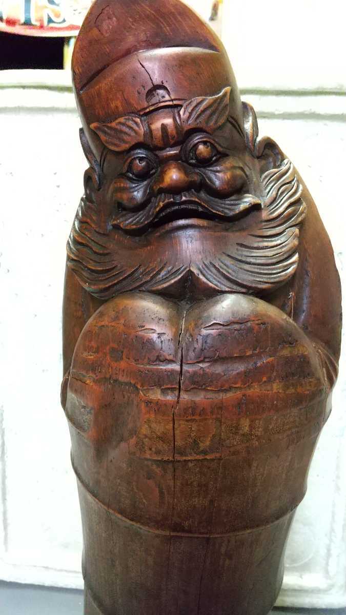 旧家買い取り品 竹製 古い 閻魔様 中国 仏教美術 竹彫 高さ50cm 中国 