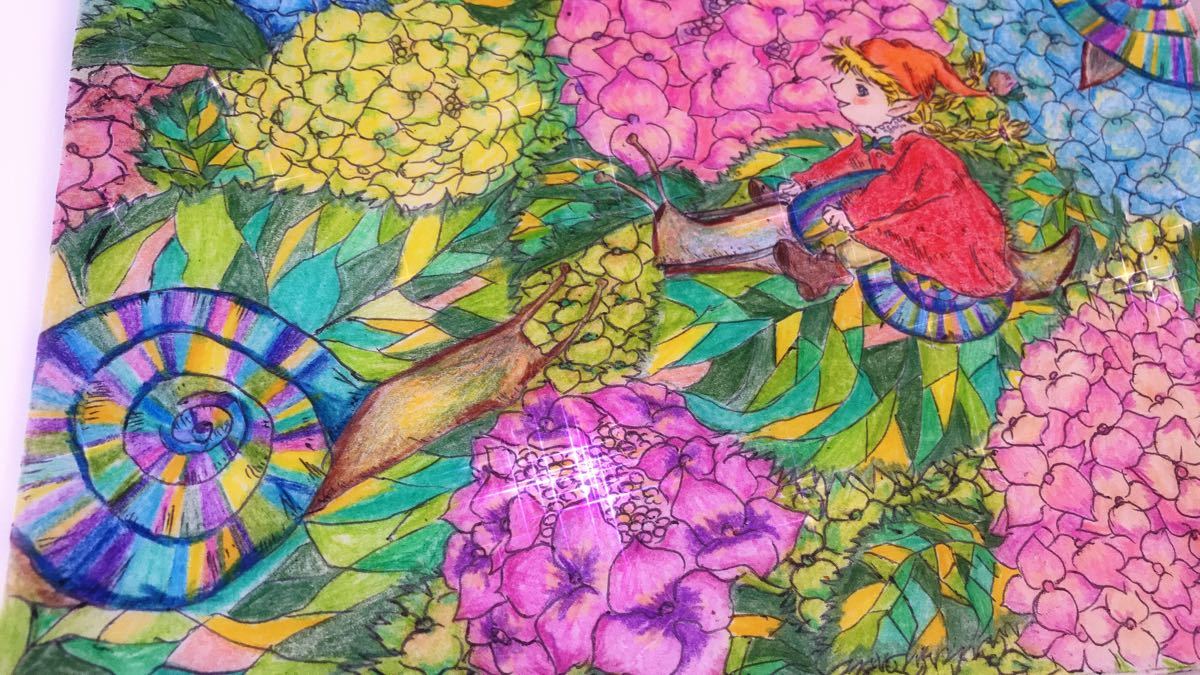 Paypayフリマ オリジナルイラスト 原画 小人 紫陽花 カタツムリ 手書きイラスト